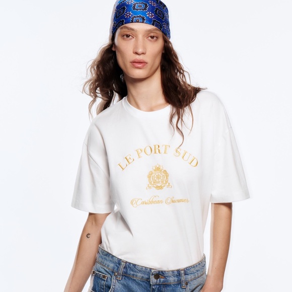 French Coast Aesthetic Graphic Nautical Tshirt Caribbean Summer Embroidered gold - Picture 4 of 5